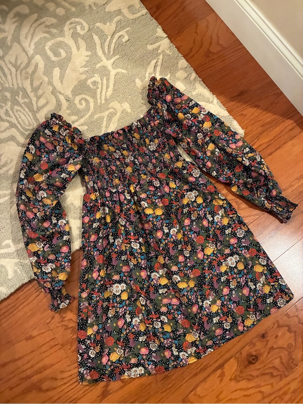 Floral Smocked Dress - Black with Multicolor Flowers
